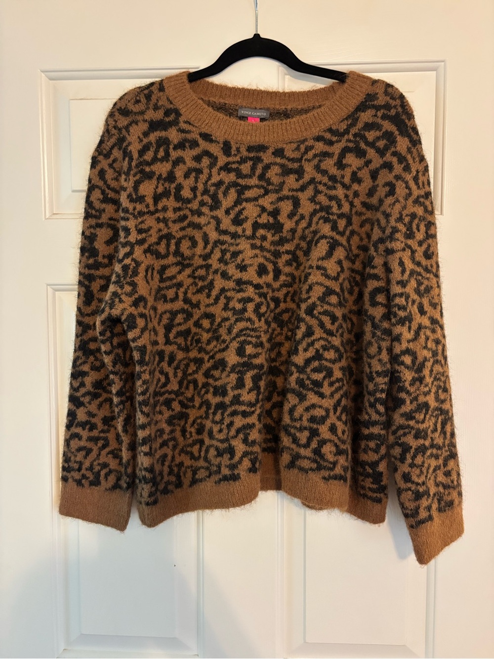 Vince Camuto Brown and Black Leopard-Print Fuzzy Crewneck Sweater
